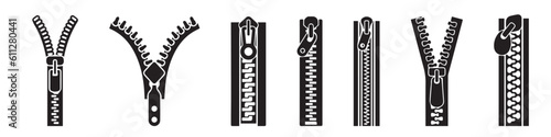 Set of zipper vector icons set. Black silhouette with closed zipper. Closure fastener.EPS 10