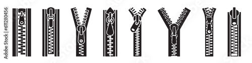 Set of zipper vector icons set. Black silhouette with closed zipper. Closure fastener.EPS 10