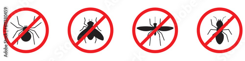 No insects signs vector set. Red prohibition sign with no insects. Warning sticker. Forbidden label. EPS 10