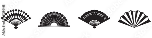 Hand fan icons. Collection of handheld icons isolated on a white background. Icons of folding and rigid fans. Vector illustration.EPS 10
