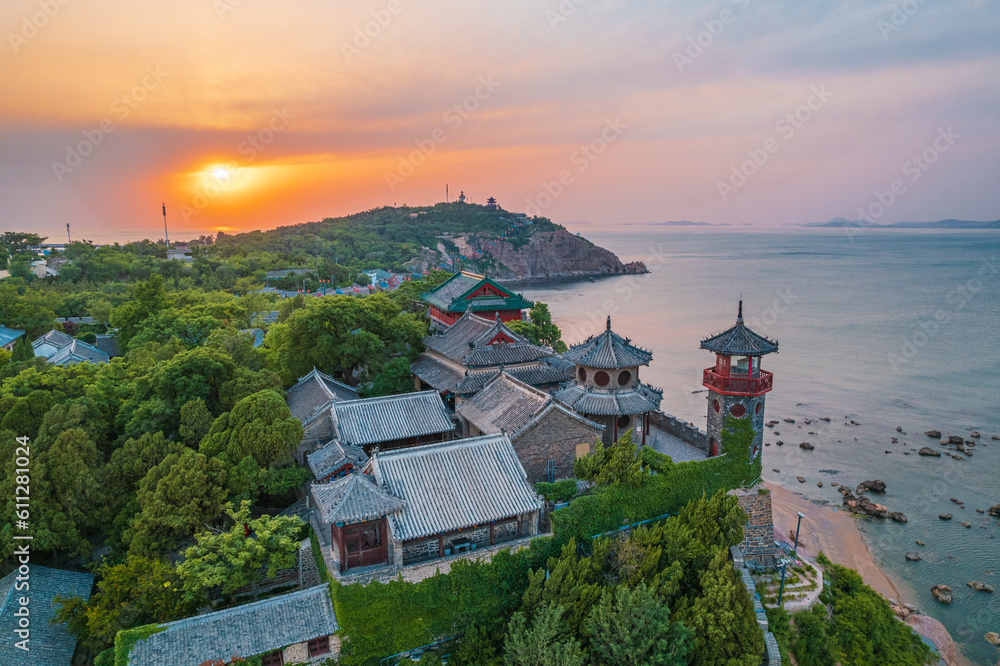 Aerial photo of sunset at Penglai Pavilion scenic spot in Yantai, Shandong province