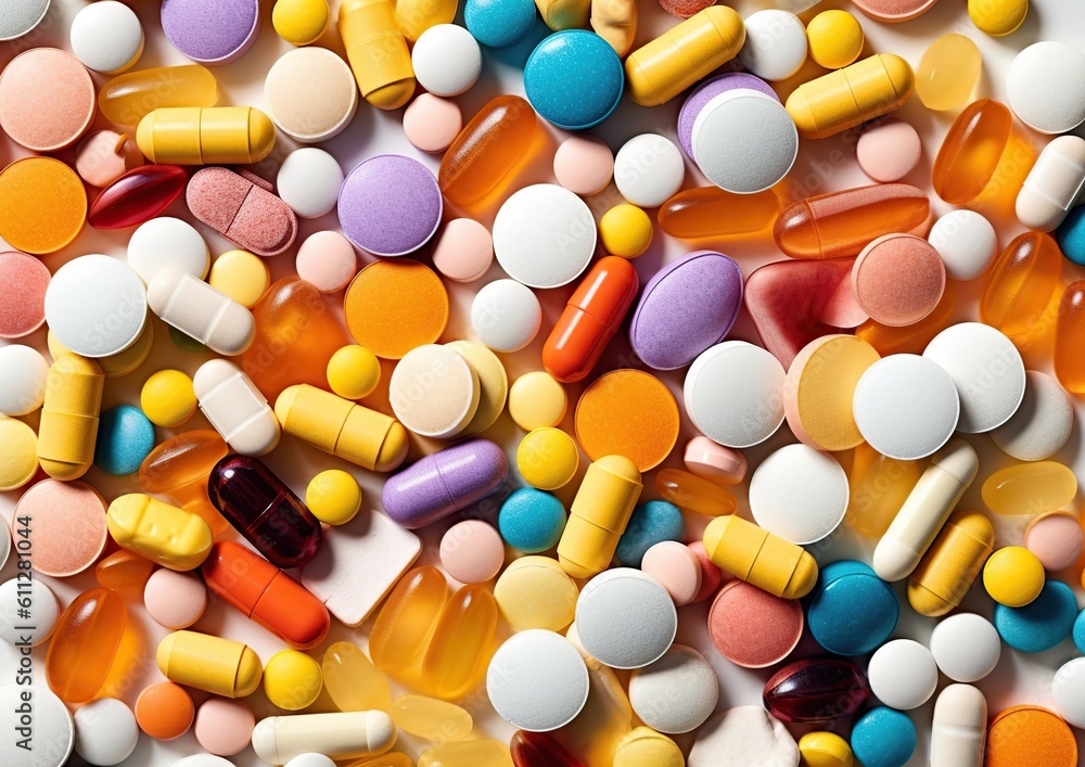 Illustration of colorful pills. Pharmacy and drug symbols, Generative AI Illustration of colorful pills. Pharmacy and drug symbols, Generative AI