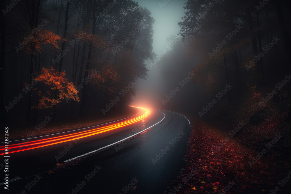 foggy dark road with light, Generative AI