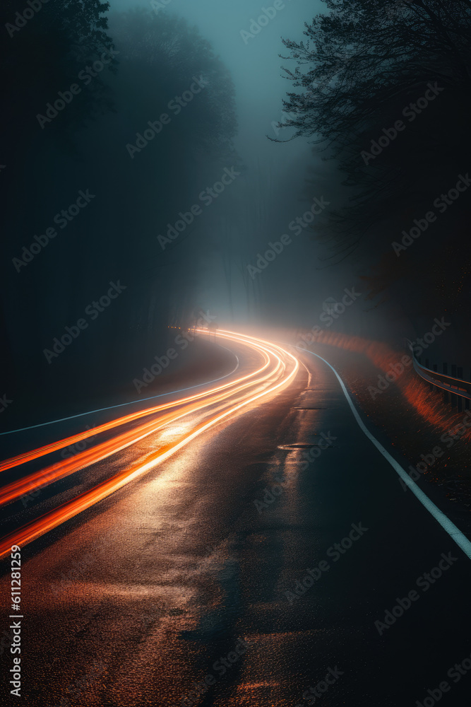 foggy dark road with light, Generative AI