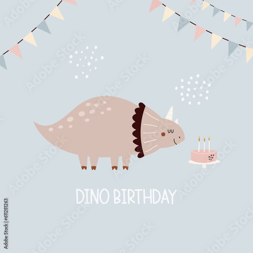 Illustration with a cute Birthday dinosaur in a simple hand drawn style.