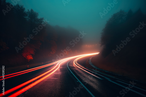 foggy dark road with light  Generative AI
