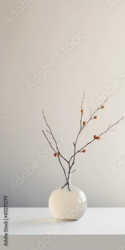 minimal glass vase with twigs and branches in an empty clean room, interior, decoration, white space, modern design, floral, Nature, generative AI