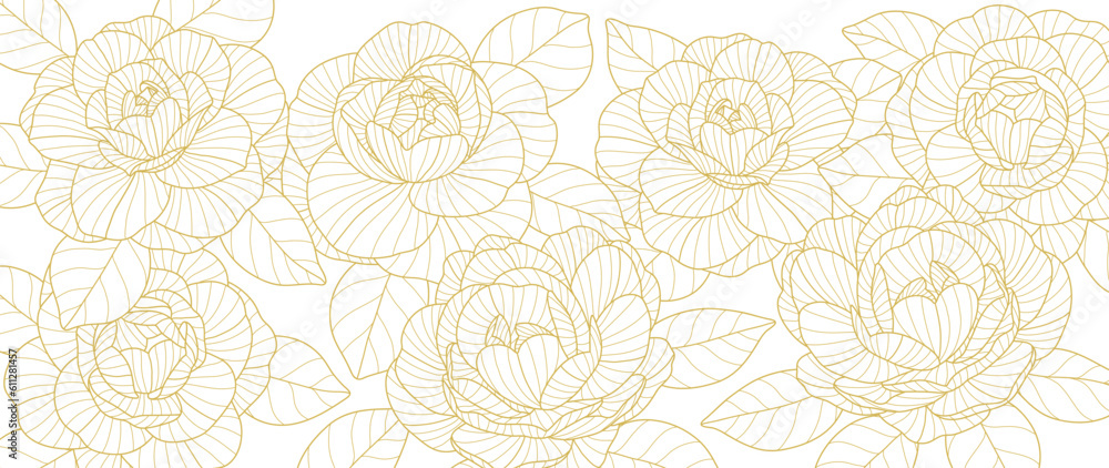 Luxury golden rose flower line art background vector. Natural botanical elegant flower with gold line art. Design illustration for decoration, wall decor, wallpaper, cover, banner, poster, card. Luxury golden rose flower line art background vector. Natural botanical elegant flower with gold line art. Design illustration for decoration, wall decor, wallpaper, cover, banner, poster, card.