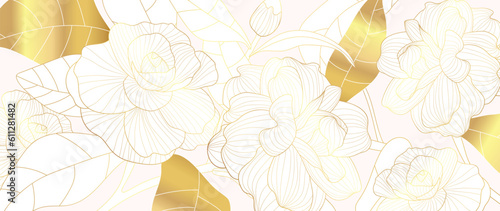 Luxury golden rose flower line art background vector. Natural botanical elegant flower with gold line art. Design illustration for decoration, wall decor, wallpaper, cover, banner, poster, card.