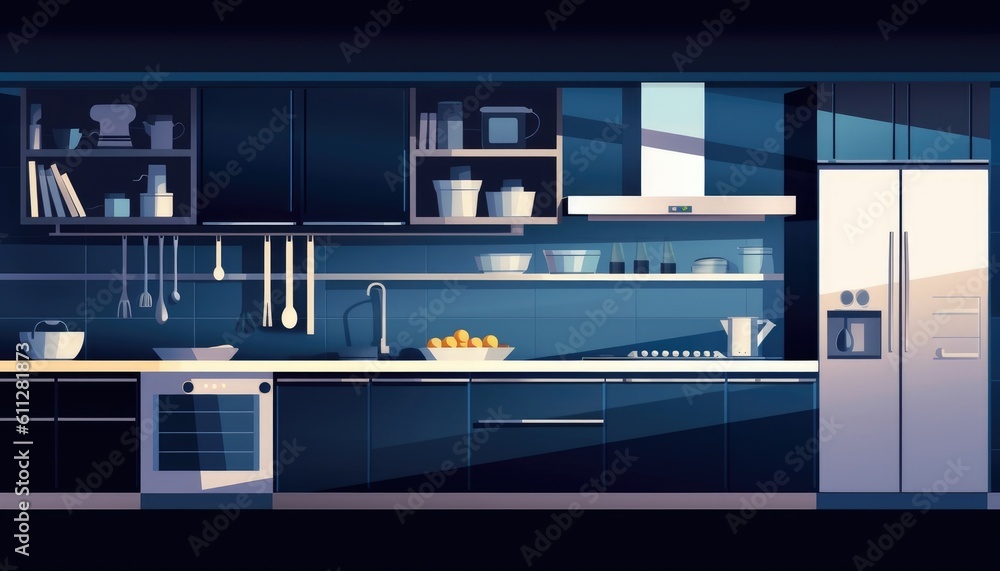 The kitchen has stainless steel appliances and dark blue backsplash. (Illustration, Generative AI)