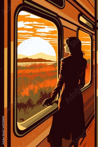 A woman chasing her dreams looks through a train window. (Generative AI)