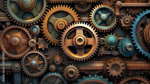 The background is a vintage steampunk machinery with rusty gears. (Generative AI)