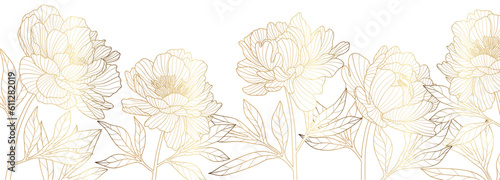 Luxury golden peony flower line art background vector. Natural botanical elegant flower with gold line art. Design illustration for decoration, wall decor, wallpaper, cover, banner, poster, card.