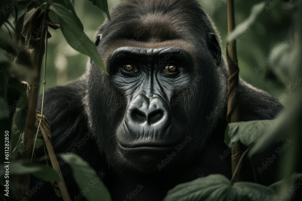 Gorilla leaves animal portrait. Generate Ai Gorilla leaves animal portrait. Generate Ai