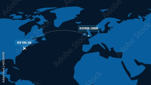 Heathrow to New York Flight 4K Animation on world map with plane and route photo