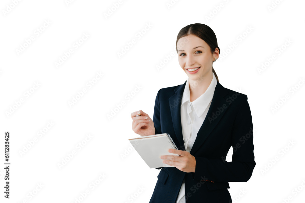 Smiling caucasian young businesswoman bank employee worker manager boss ceo looking at camera, using tablet, laptop and notepad online isolated in white background. Smiling caucasian young businesswoman bank employee worker manager boss ceo looking at camera, using tablet, laptop and notepad online isolated in white background.