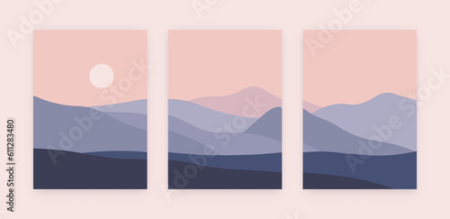 Abstract mountain landscape collage. Modern minimal sunset horizon panorama, geometric nature wallpaper. Vector boho poster set © Екатерина Заносиенко