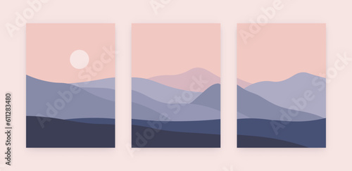 Abstract mountain landscape collage. Modern minimal sunset horizon panorama, geometric nature wallpaper. Vector boho poster set