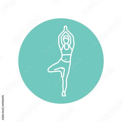 Woman standing in Vrksasana Posture, Tree Pose black line icon.