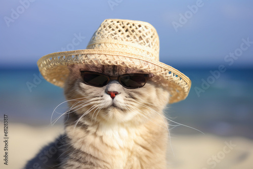 Cat wearing summer straw hat and sunglasses with blurry beach in background. 