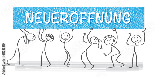 Neueröffnung - Team hält Werbeschild - Vektor Illustration mit deutschem Text