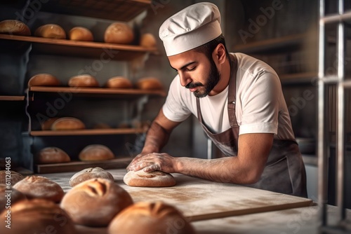 Skilled Male Baker Creating Artisanal Bread in Contemporary Bakery. Generative AI.