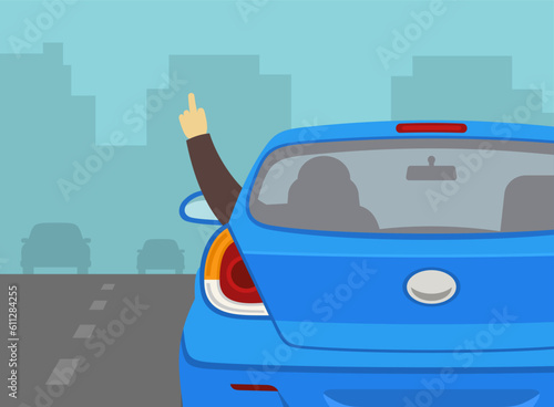 Close-up back view of a rude driver giving middle finger. Road rage. Flat vector illustration template.