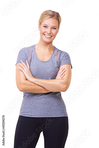 Happy woman, portrait and arms crossed in confidence for fitness isolated on a transparent PNG background. Confident female person or model with smile in sportswear for healthy workout or exercise