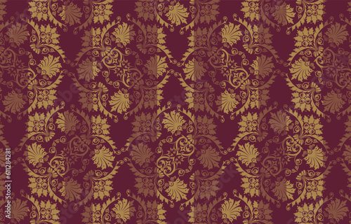Wallpaper with fabric pattern. Damask ornament with floral patterns.