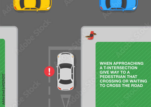 Safe driving tips and traffic regulation rules. At marked T-intersections you need to yield to pedestrians that crossing or waiting to cross the road. Top view. Flat vector illustration template.