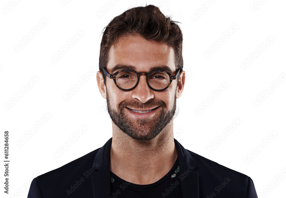 Isolated business man, glasses and portrait with smile, handsome or fashion by transparent png background. Young businessman, happy entrepreneur or male in headshot, motivation or career development