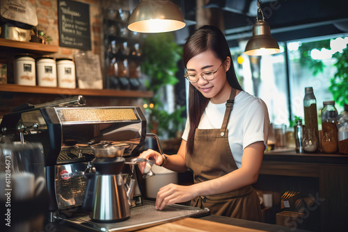 Passionate Asian Female Business Owner Creating Latte Art in Contemporary Coffee Shop. Generative AI.