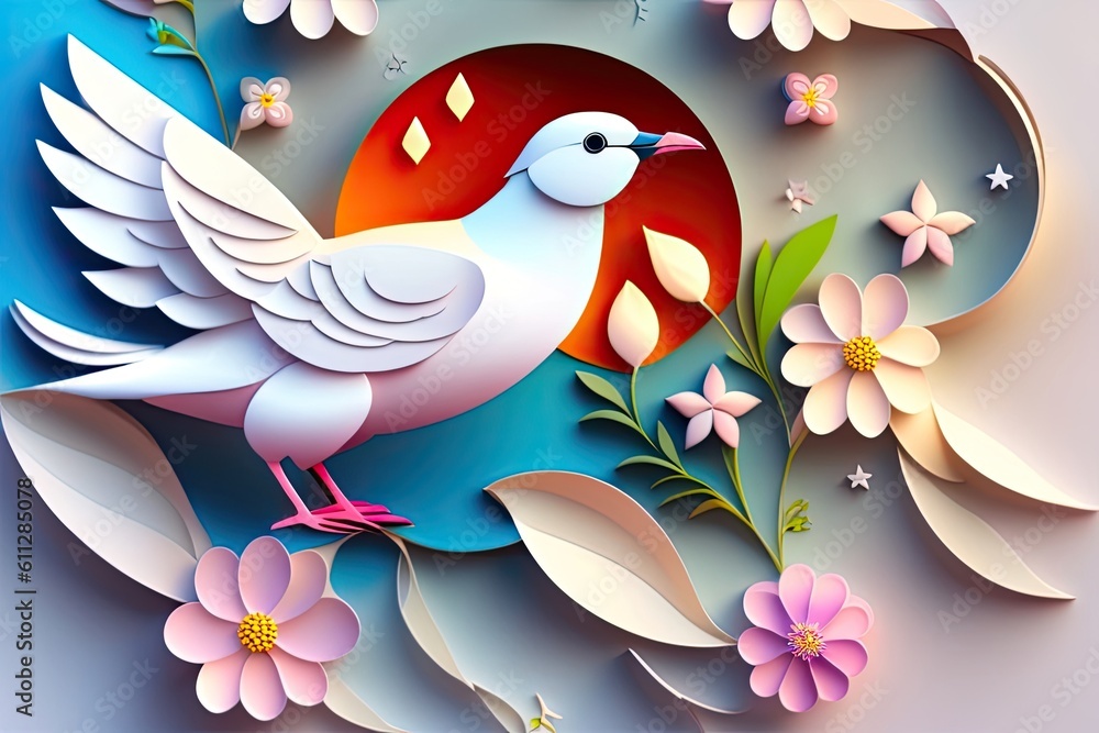 Fototapeta premium White Bird and Floral Background Generative AI