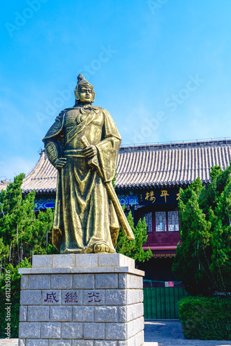 The statue of Qi Jiguang in Penglai Pavilion, Yantai, Shandong Province, in summer photo