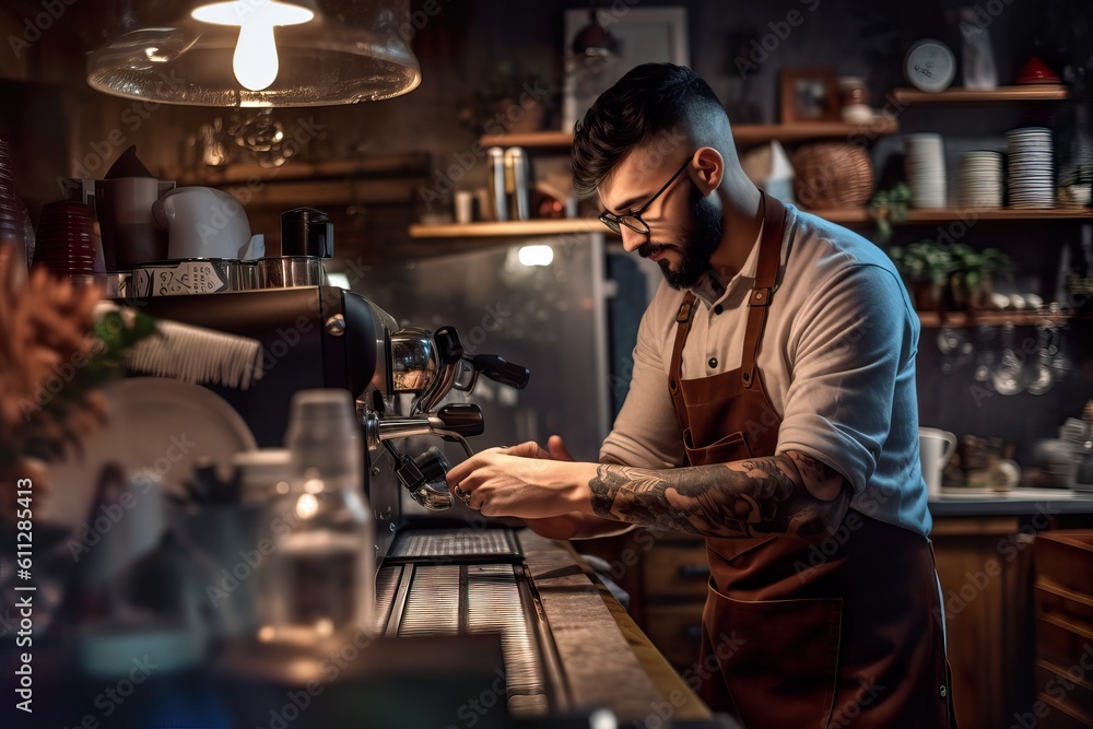Passionate Small Business Owner Creating Latte Art Masterpiece. Generative AI.