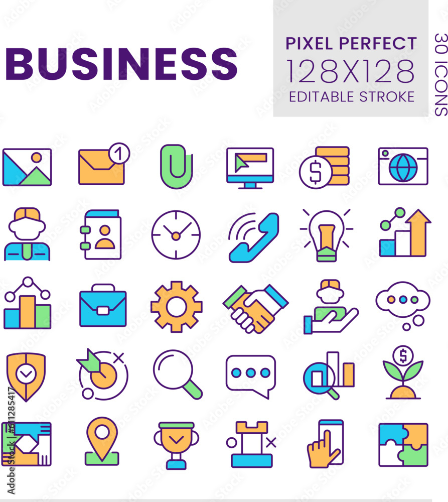 Business pixel perfect RGB color icons set. Commerce and finance. Digitalization. Isolated vector illustrations. Simple filled line drawings collection. Editable stroke. Poppins font used Business pixel perfect RGB color icons set. Commerce and finance. Digitalization. Isolated vector illustrations. Simple filled line drawings collection. Editable stroke. Poppins font used