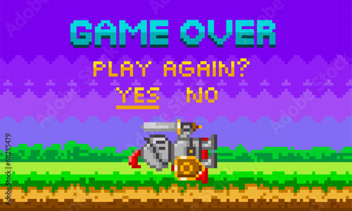 Game over pixel-game background with perished knight. Pixel art game scene with green grass and tall trees against purple sky, pixelated template for computer game or application with nature landscape
