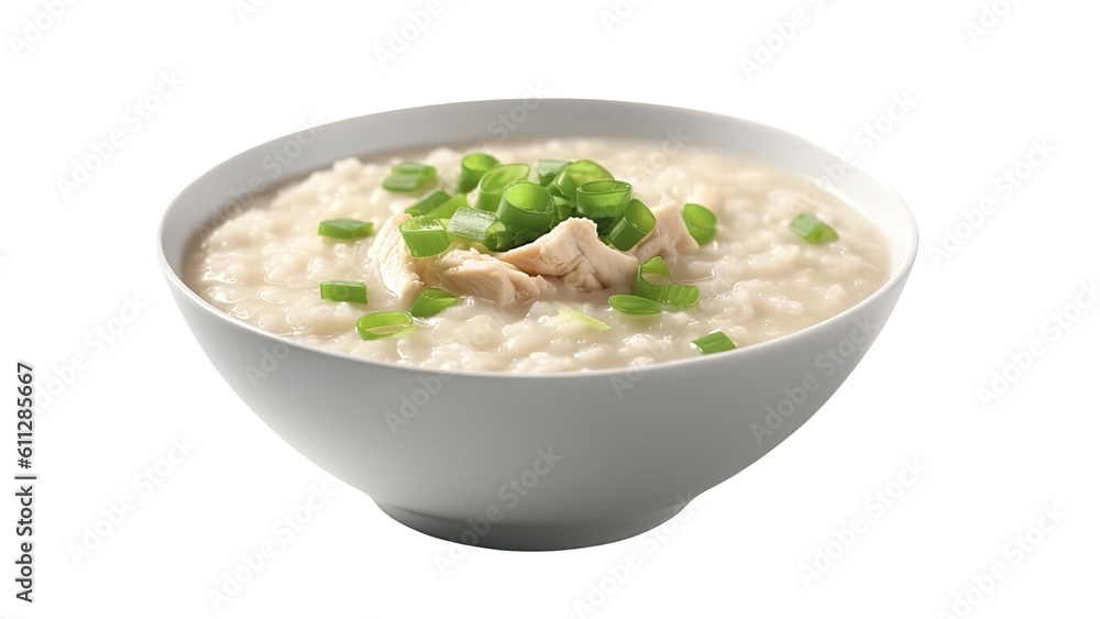 A bowl of chicken and rice congee with ginger and scallions on White Background with copy space for your text created with generative AI technology