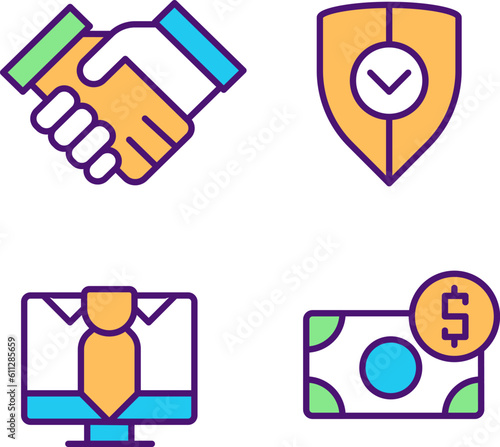 Business partnership pixel perfect RGB color icons set. Safe commercial deal. Company profit. Isolated vector illustrations. Simple filled line drawings collection. Editable stroke