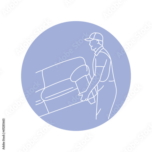 Delivery man moving sofa black line icon. Pictogram for web page