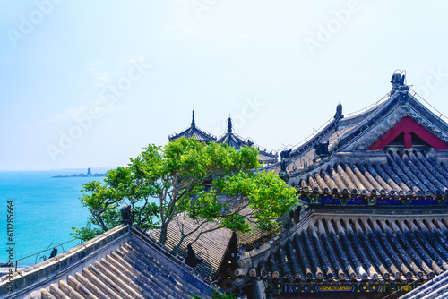 Penglai Pavilion scenic area under the blue sky and white clouds