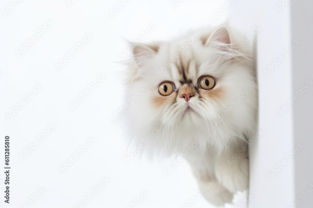 Medium shot portrait photography of a cute persian cat climbing against a white background. With generative AI technology