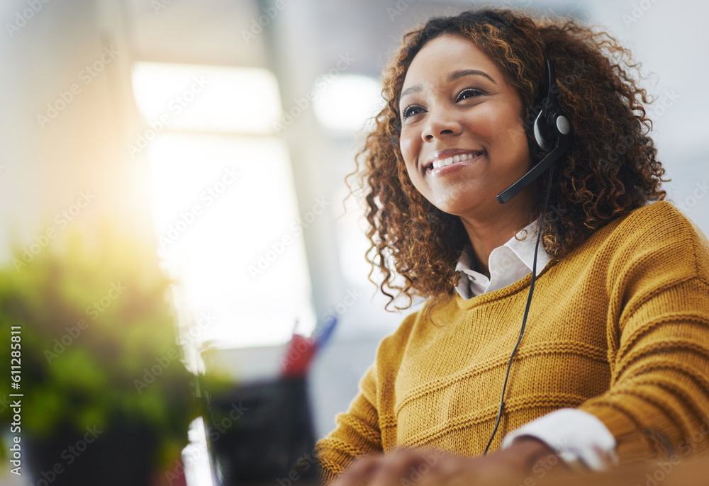 © Delmaine Donson/peopleimages.com - Young african woman, call center agent or listen on voip headset with mockup space, lens flare or contact. Girl, customer service or tech support crm with smile, headphones or microphone at help desk