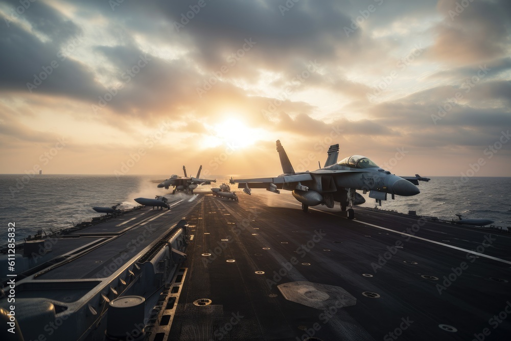 Fighter aircraft on the deck of a aircraft carrier at sunset. Fighter ...