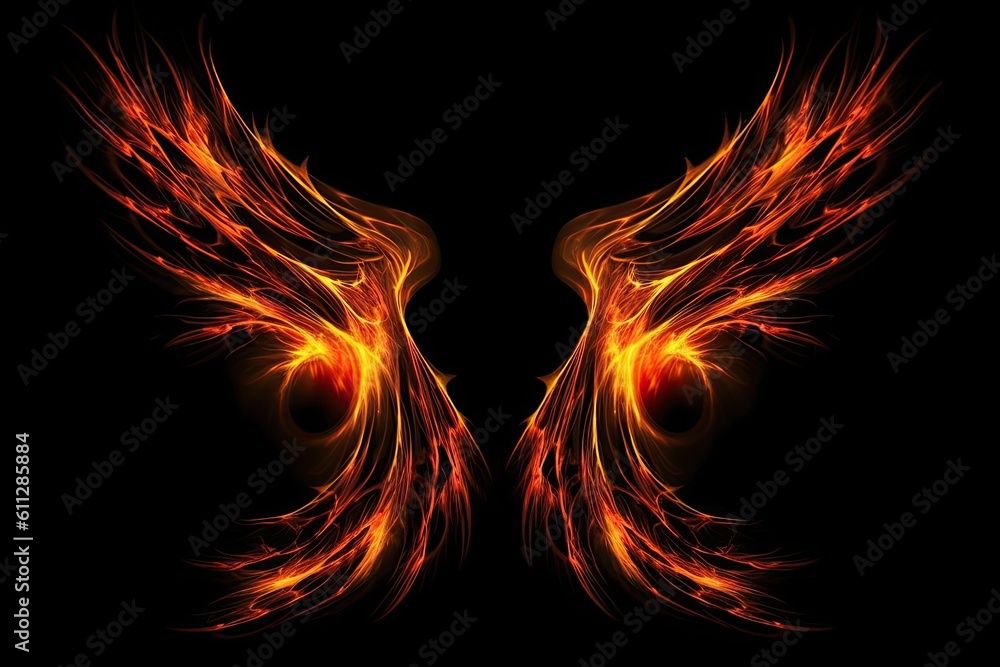 Fototapeta premium abstract fire wings on a black background, fractal art design, Fire wings on a dark background, AI Generated