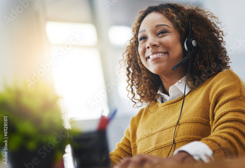Young african woman, call center agent or listen on voip headset with mockup space, lens flare or contact. Girl, customer service or tech support crm with smile, headphones or microphone at help desk photo