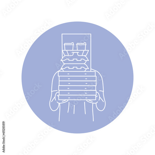 Courier with cardboard containers  takeaway food black line icon. Pictogram for web page