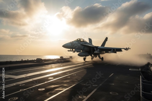 Fighter aircraft on the deck of a military aircraft carrier at sunset, Fighter jets are taking off from an aircraft carrier, AI Generated