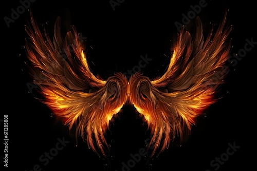 Fiery wings on a black background. 3d rendering  3d illustration. Fire wings on a dark background  AI Generated