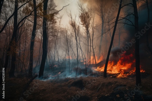 Forest fire in the autumn forest. The concept of natural disaster. forest fire with trees on fire firefighters trying to stop the fire, AI Generated